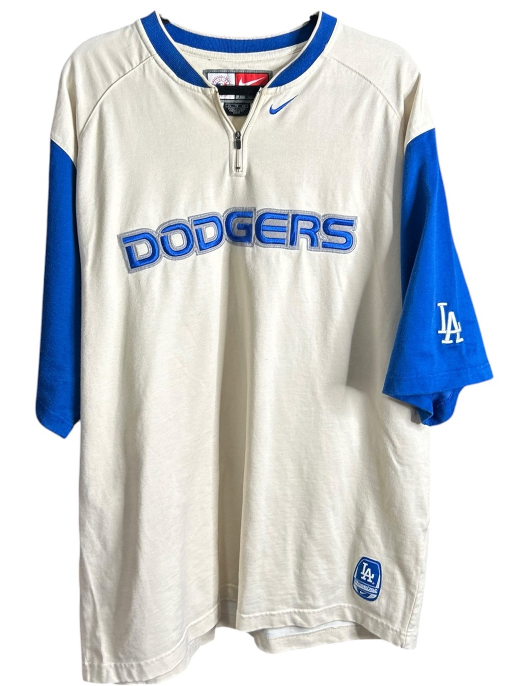 Vintage 2002 Nike MLB LA Dodgers Short Sleeve 1/4 Zip Pullover Shirt Cream Blue